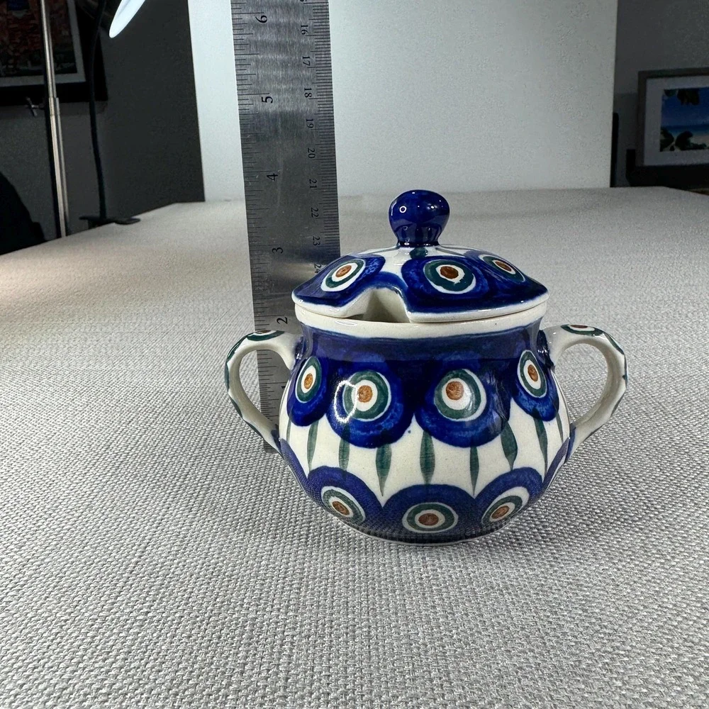Polish Pottery Peacock Double Handle Sugar Bowl with Lid